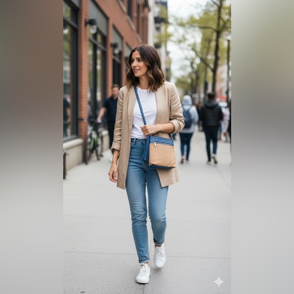 Pixi Mood Dove Grey Vegan Leather&Natural Cork Tassel Crossbody Bag 10”by 9.5” - Picture 3 of 16